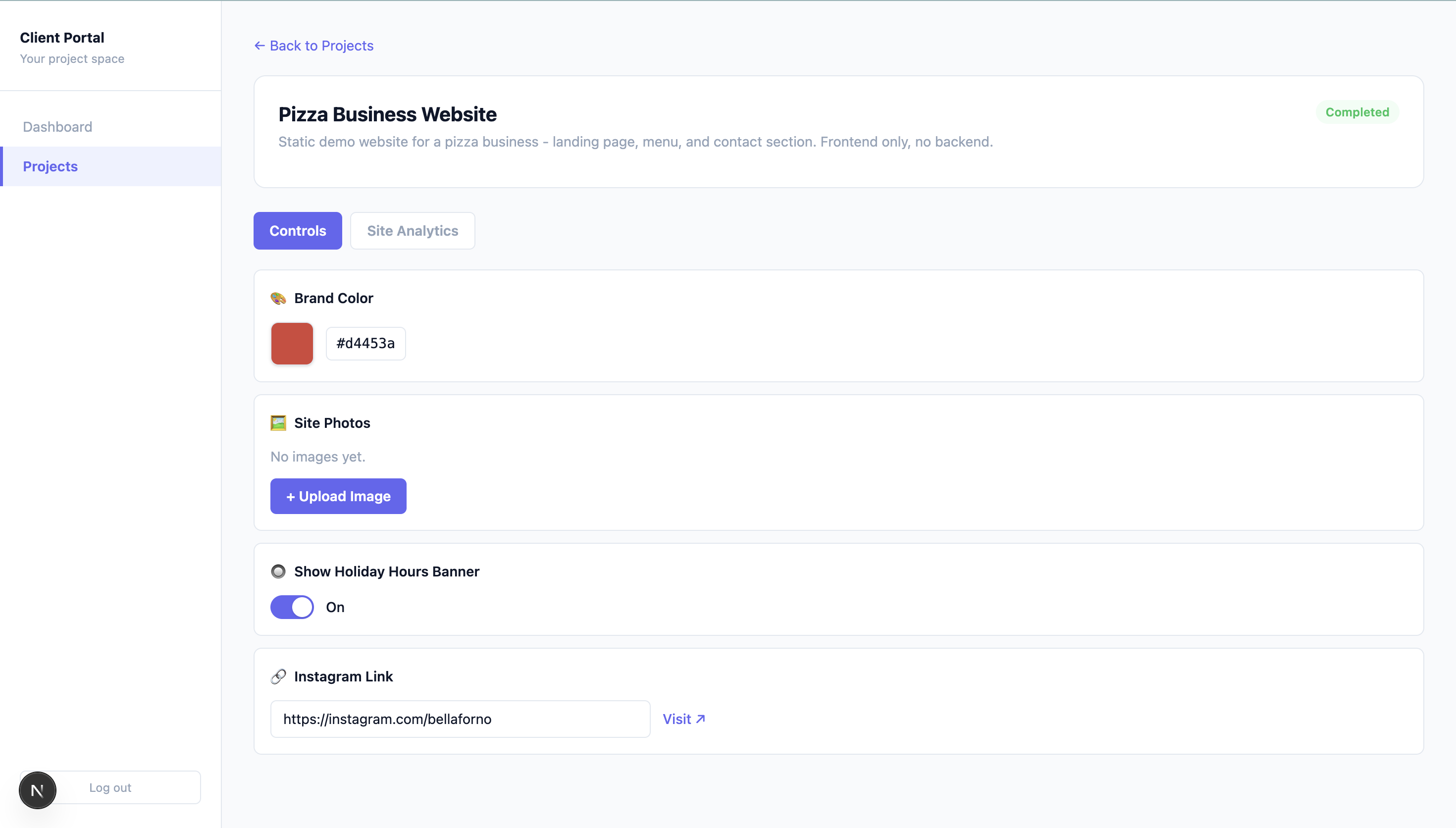 Client portal controls panel
